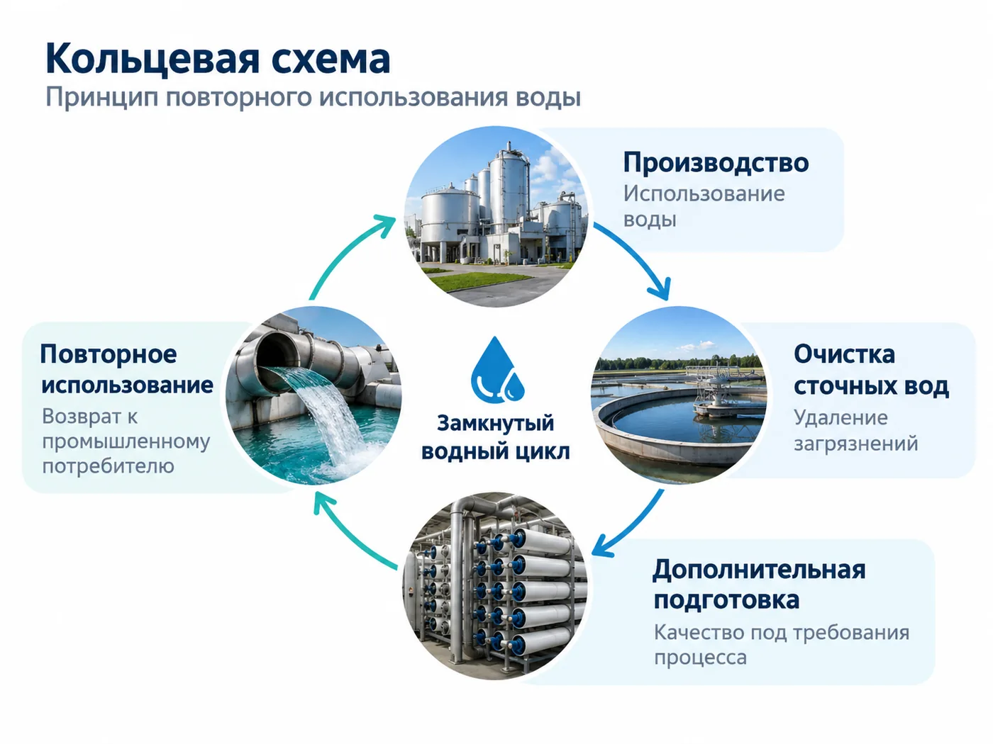 Инфографика: замкнутый водный цикл — производство, очистка сточных вод, дополнительная подготовка, повторное использование