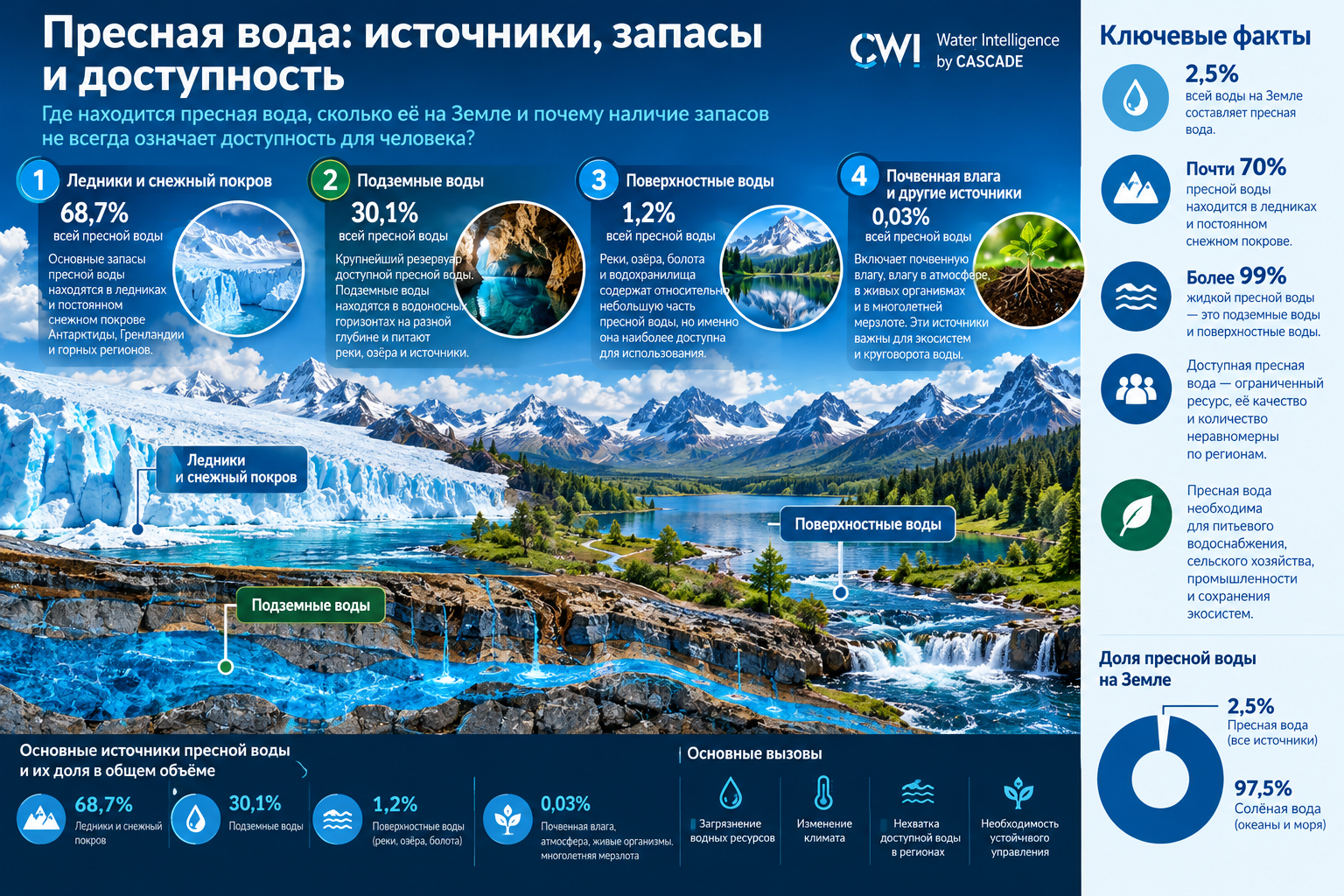 Пресная вода на Земле: ледники, подземные воды, реки и озёра — русскоязычная научная инфографика CWI